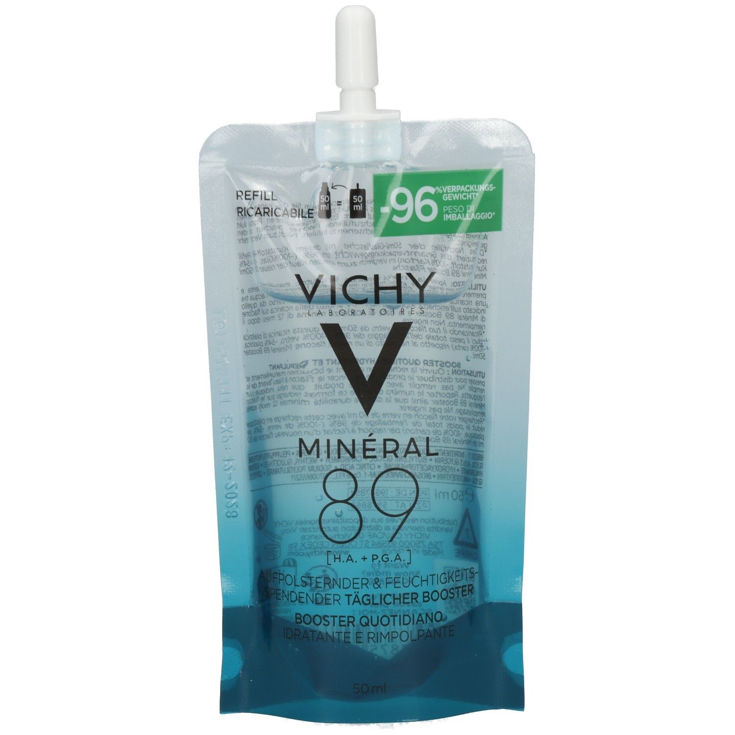 Nachfüllpackung. VICHY MINERAL 89. Transparente Beutelverpackung mit weißem Verschluss. Blaue Flüssigkeit sichtbar. Text: MINERAL 89, Booster.