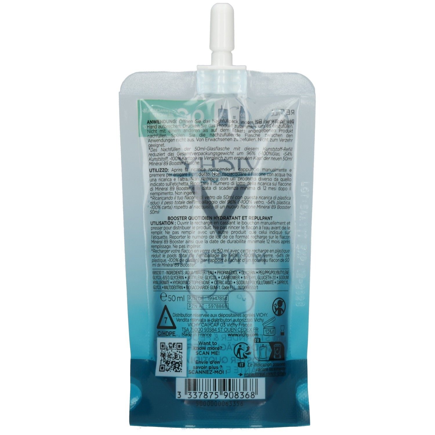 Rückseite der Nachfüllpackung. VICHY MINERAL 89. Transparente Verpackung. Text und QR-Code. Blaue Flüssigkeit sichtbar. Volumen: 50ml.
