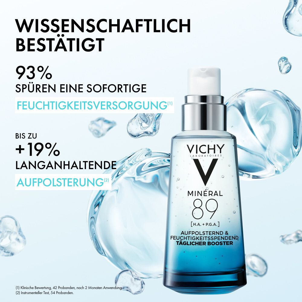 Vichy Mineral 89 Booster mit Hyaluronsäure. Wissenschaftlich bestätigt für sofortige Feuchtigkeitsversorgung.