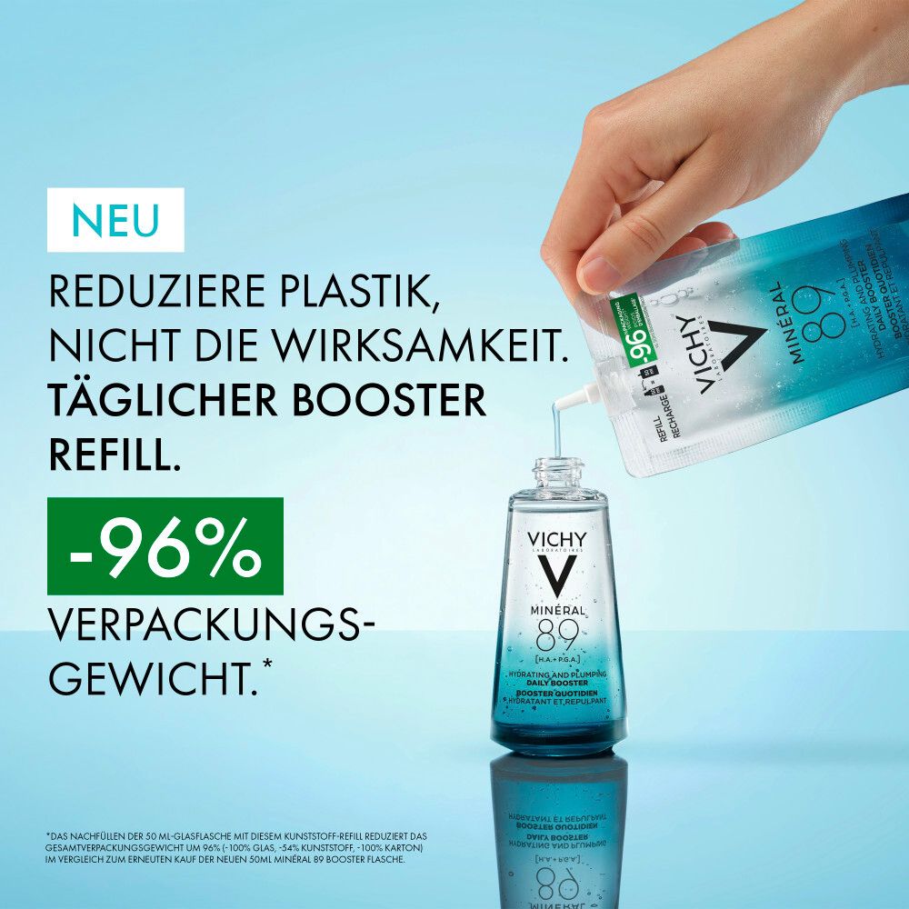 Nachfüllen des Vichy Mineral 89 Boosters zur Reduzierung von Verpackungsgewicht.