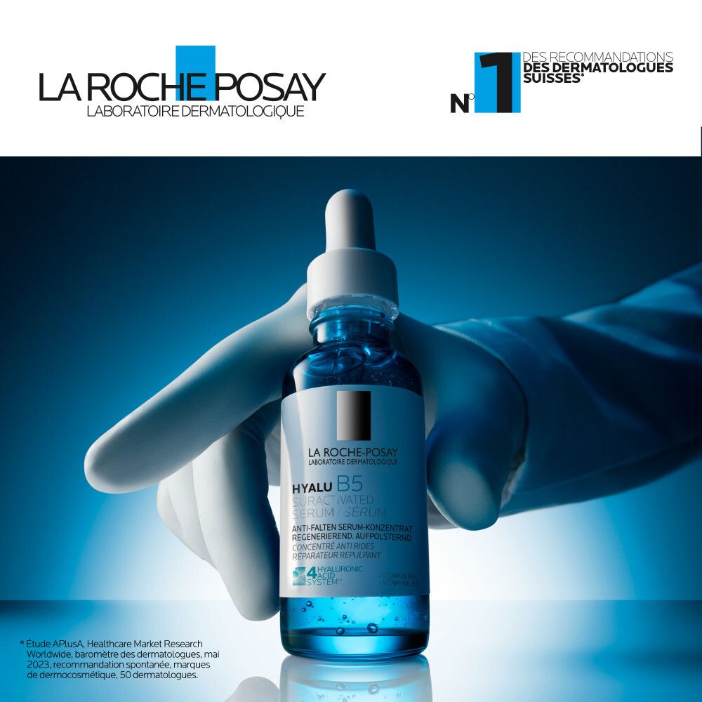 Person hält Serumfläschchen. Logo La Roche-Posay. Text: Hyalu B5 Serum. Empfohlen von Dermatologen.