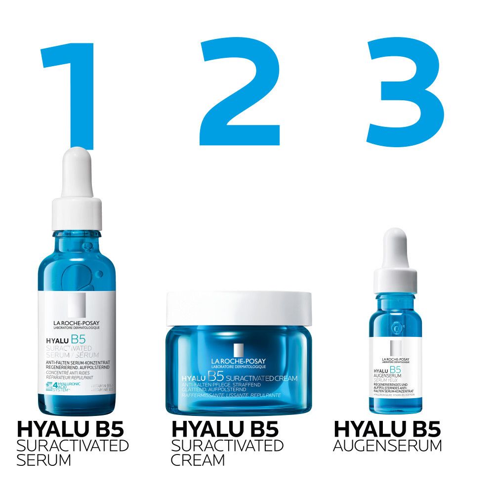 Drei Produkte: Hyalu B5 Suractivated Serum, Creme und Augenserum. Alle mit La Roche-Posay Logo.
