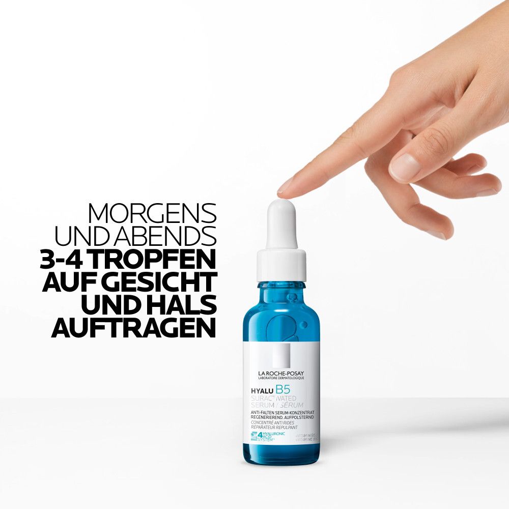 Serumfläschchen. Text: Morgens und abends 3-4 Tropfen auf Gesicht und Hals auftragen.