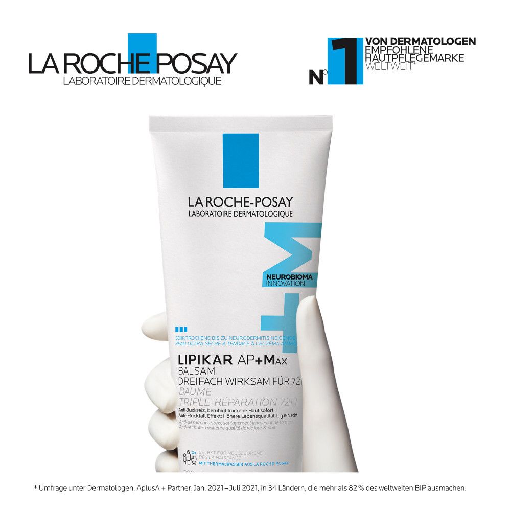 La Roche-Posay Lipikar Balsam AP+M Tube. Von Dermatologen empfohlen. Logo und Text auf weißem Hintergrund.