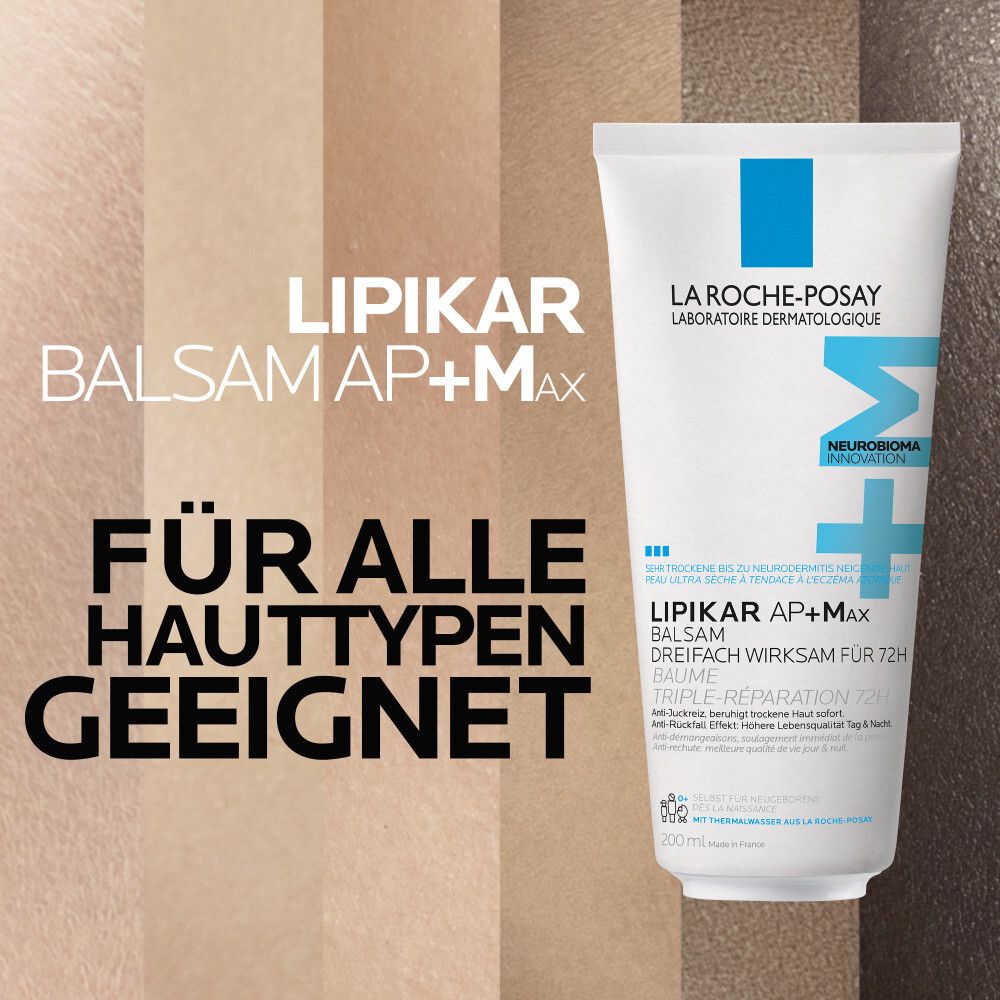 La Roche-Posay Lipikar Balsam AP+M Tube. Geeignet für alle Hauttypen. Tube vor farbigem Hintergrund.
