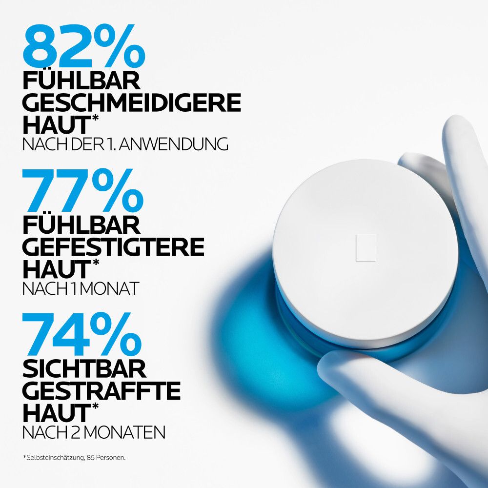 Text mit Prozentangaben: 82% geschmeidigere Haut, 77% festere Haut, 74% gestraffte Haut.  Produkt mit Deckel.