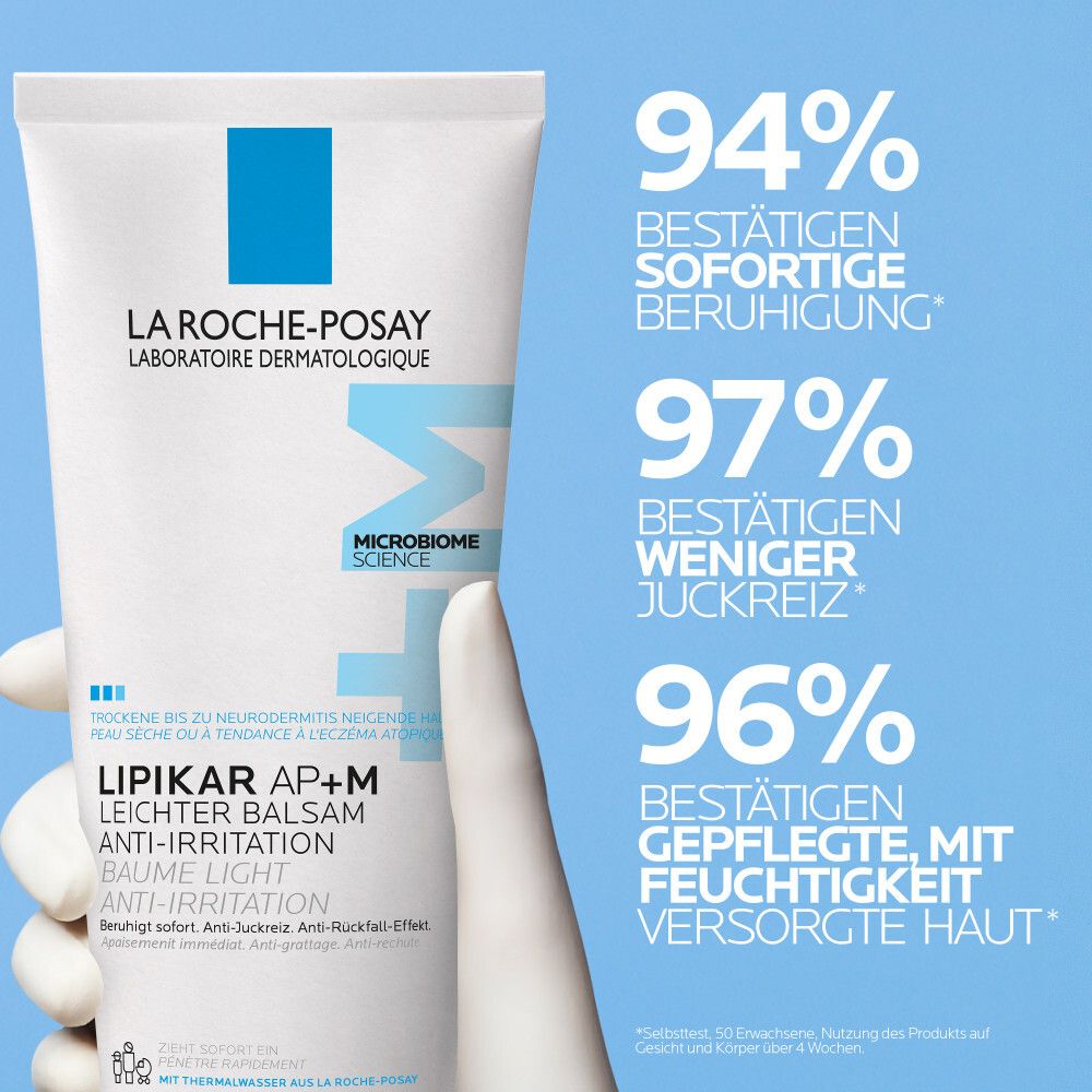 La Roche-Posay Lipikar Leichter Balsam AP+M Tube. Weiß, blaues Logo. Text: 94% sofortige Beruhigung, 97% weniger Juckreiz, 96% gepflegte Haut.
