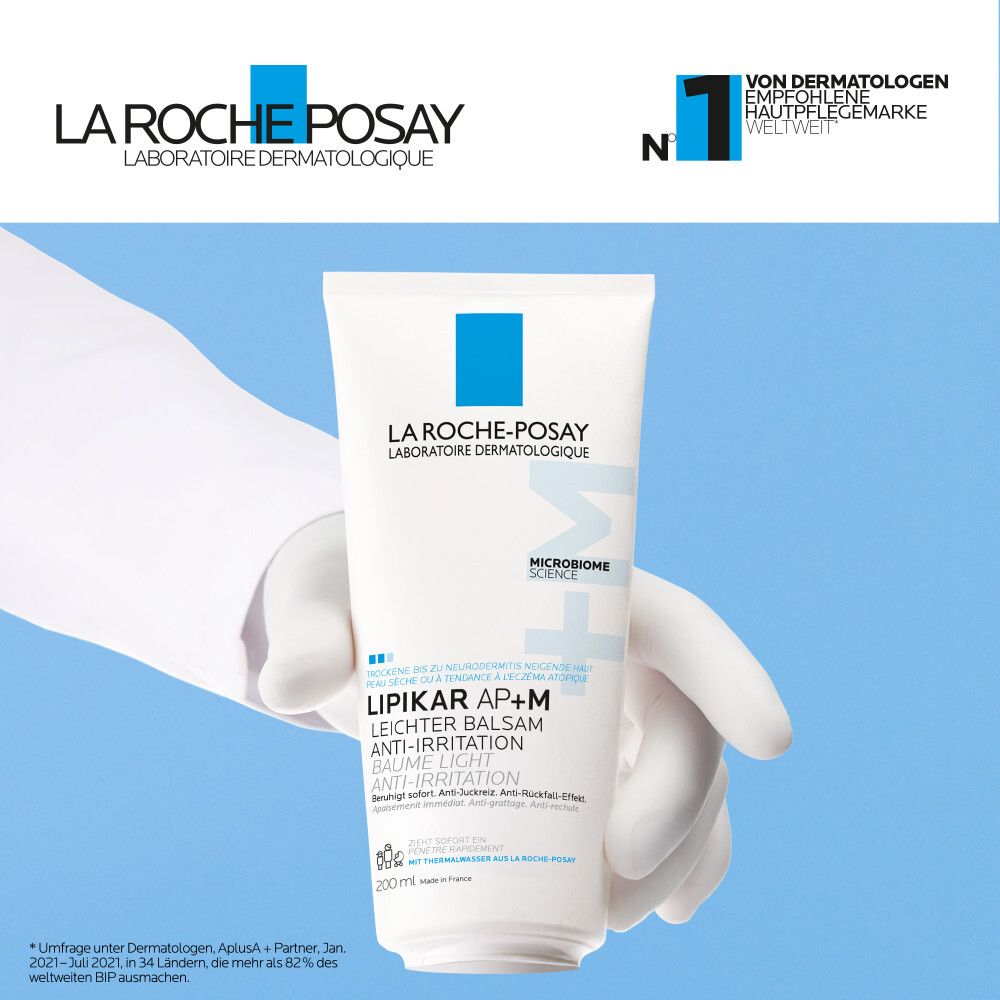 La Roche-Posay Lipikar Leichter Balsam AP+M Tube. Weiß, blaues Logo. Empfohlen von Dermatologen. 200ml.