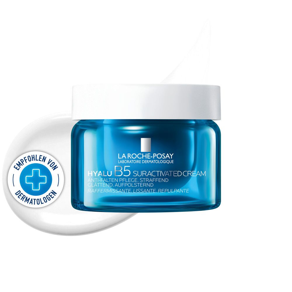 Blaues Cremetiegel mit weißem Deckel. Aufschrift: La Roche-Posay Hyalu B5 Suractivated Cream. Empfohlen von Dermatologen.