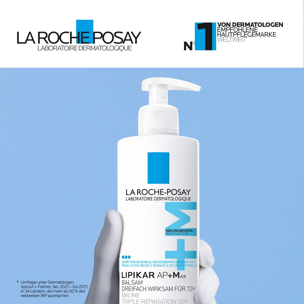 La Roche-Posay Lipikar Balsam AP+M Flasche. Text: Von Dermatologen empfohlene Hautpflegemarke weltweit.