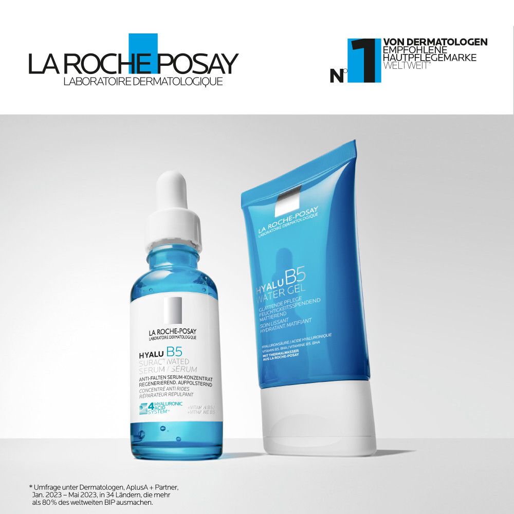 La Roche-Posay Logo. Hyalu B5 Water Gel und Serum. Von Dermatologen empfohlen. Produktabbildung.