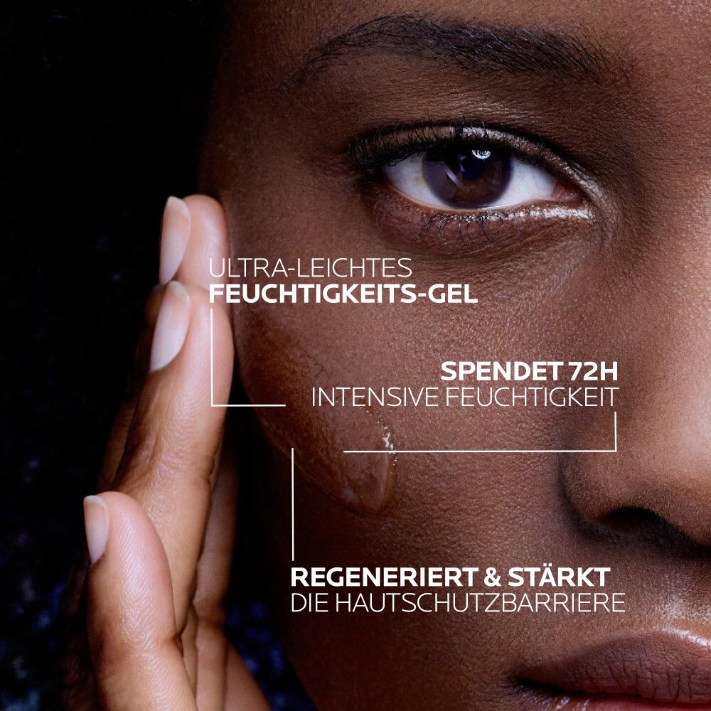 Gesicht einer Frau. Ultra-leichtes Feuchtigkeits-Gel. Spendet 72h intensive Feuchtigkeit. Regeneriert & stärkt.