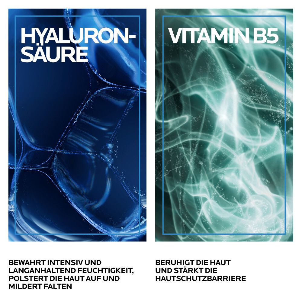 Zwei Textfelder: Hyaluronsäure: bewahrt Feuchtigkeit, polstert auf. Vitamin B5: beruhigt die Haut, stärkt die Hautschutzbarriere.
