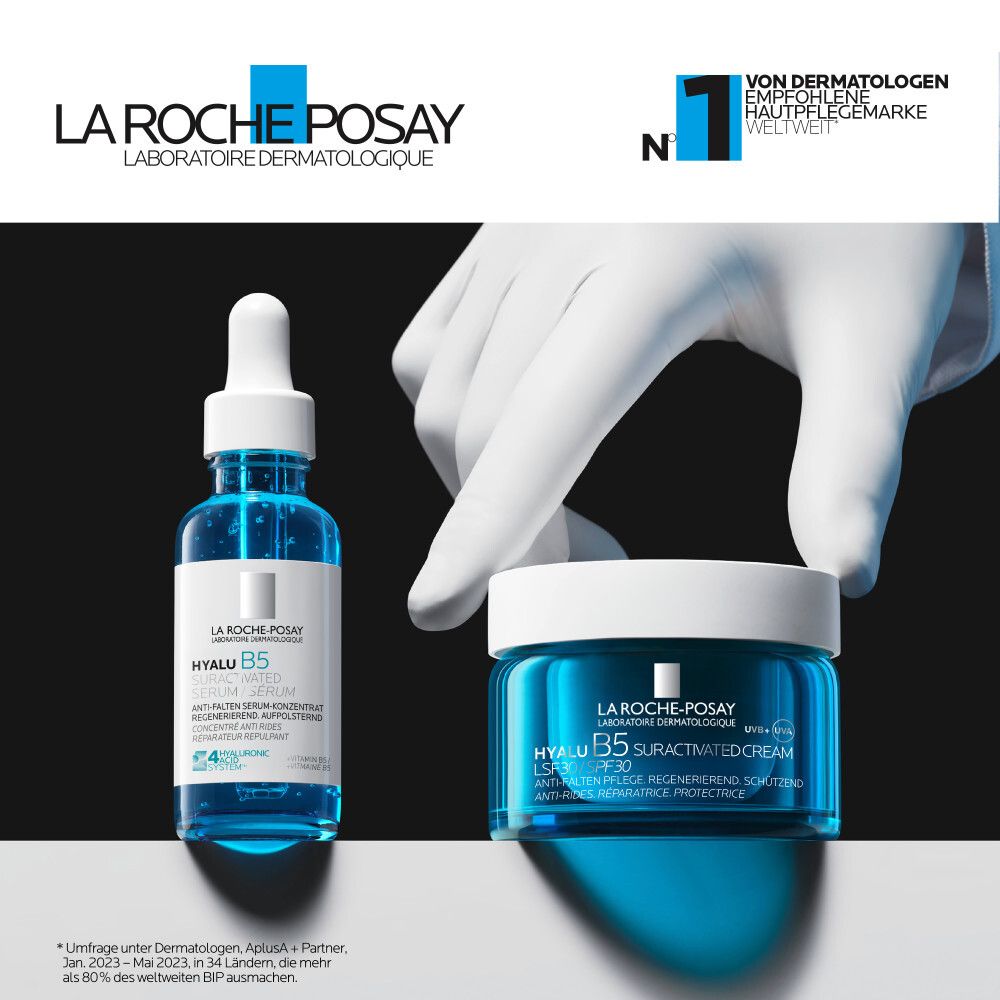 La Roche-Posay Produkte: Hyalu B5 Serum und Creme. Hand mit Creme-Dose. Text: Von Dermatologen empfohlen. Weltweit.