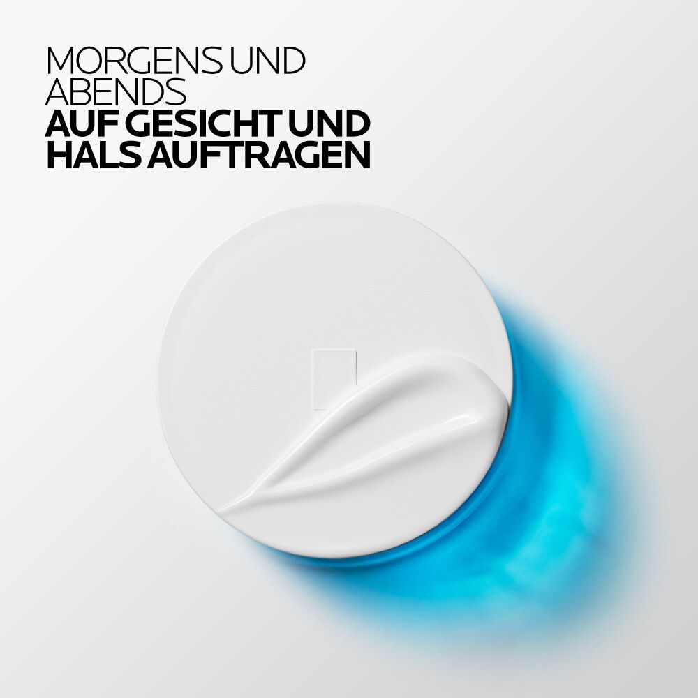 Creme-Dose mit Creme. Text: Morgens und abends auf Gesicht und Hals auftragen.