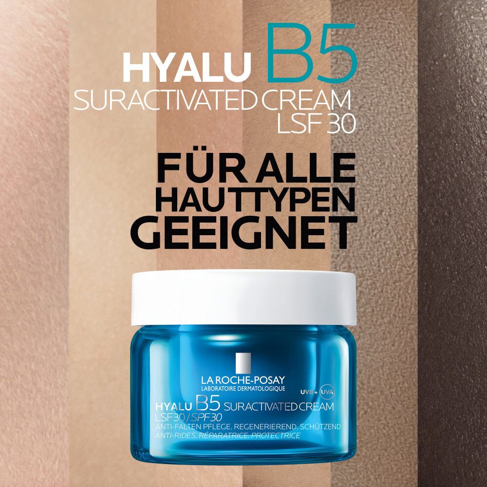 Creme-Dose. Text: Hyalu B5 Suractivated Cream LSF 30. Geeignet für alle Hauttypen.