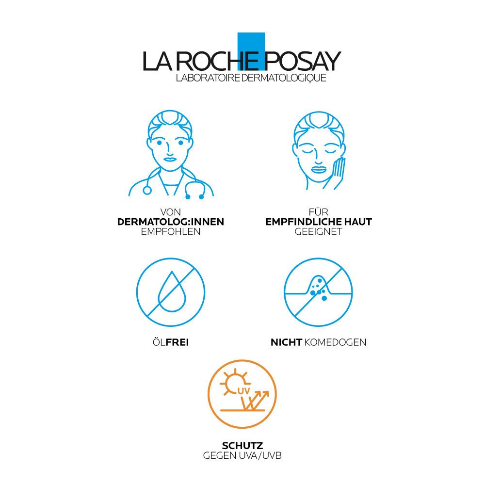La Roche-Posay Logo. Text: Von Dermatologen empfohlen. Für empfindliche Haut geeignet. Ölfrei. Nicht komedogen. Schutz gegen UVA/UVB.