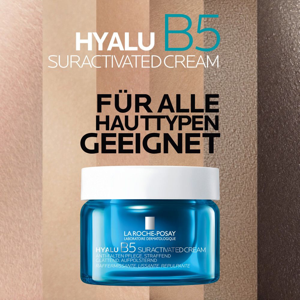 Produkt mit Text: HYALU B5 SURACTIVATED CREAM. Text: FÜR ALLE HAUTTYPEN GEEIGNET. Hintergrund mit Hauttönen.