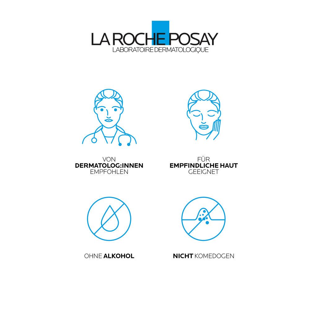 Logo La Roche-Posay. Piktogramme: Dermatologen-Empfehlung, für empfindliche Haut geeignet, ohne Alkohol, nicht komedogen.