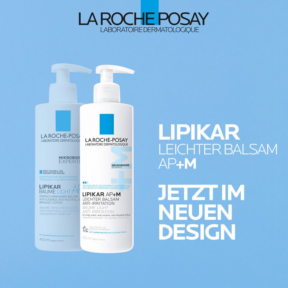 Zwei Flaschen La Roche-Posay Lipikar Balsam AP+M. Weiß mit blauem Logo. Text: Lipikar Leichter Balsam AP+M. Neues Design.