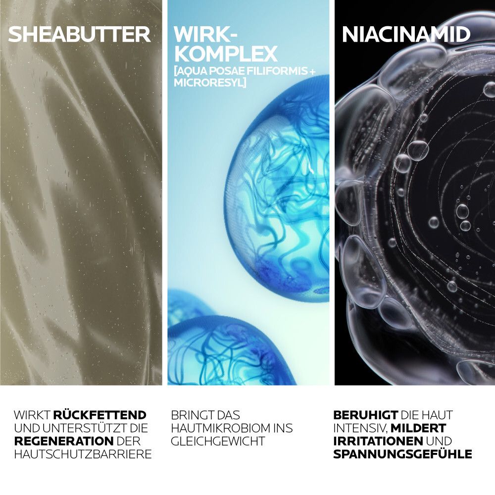 Drei Abbildungen: Sheabutter, Wirk-Komplex, Niacinamid. Text beschreibt die Inhaltsstoffe und ihre Wirkung auf die Haut.