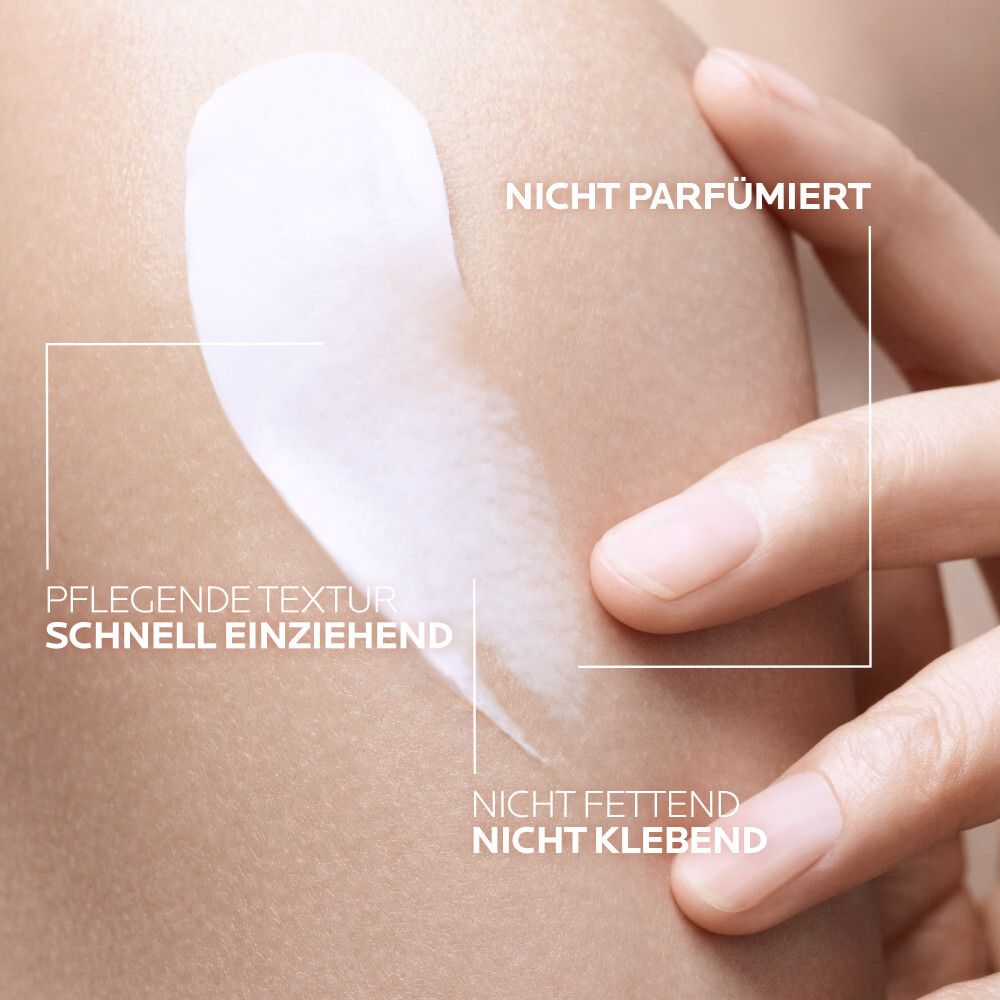Hand reibt Creme auf Haut. Text: Nicht parfümiert, pflegende Textur, schnell einziehend, nicht fettend, nicht klebend.