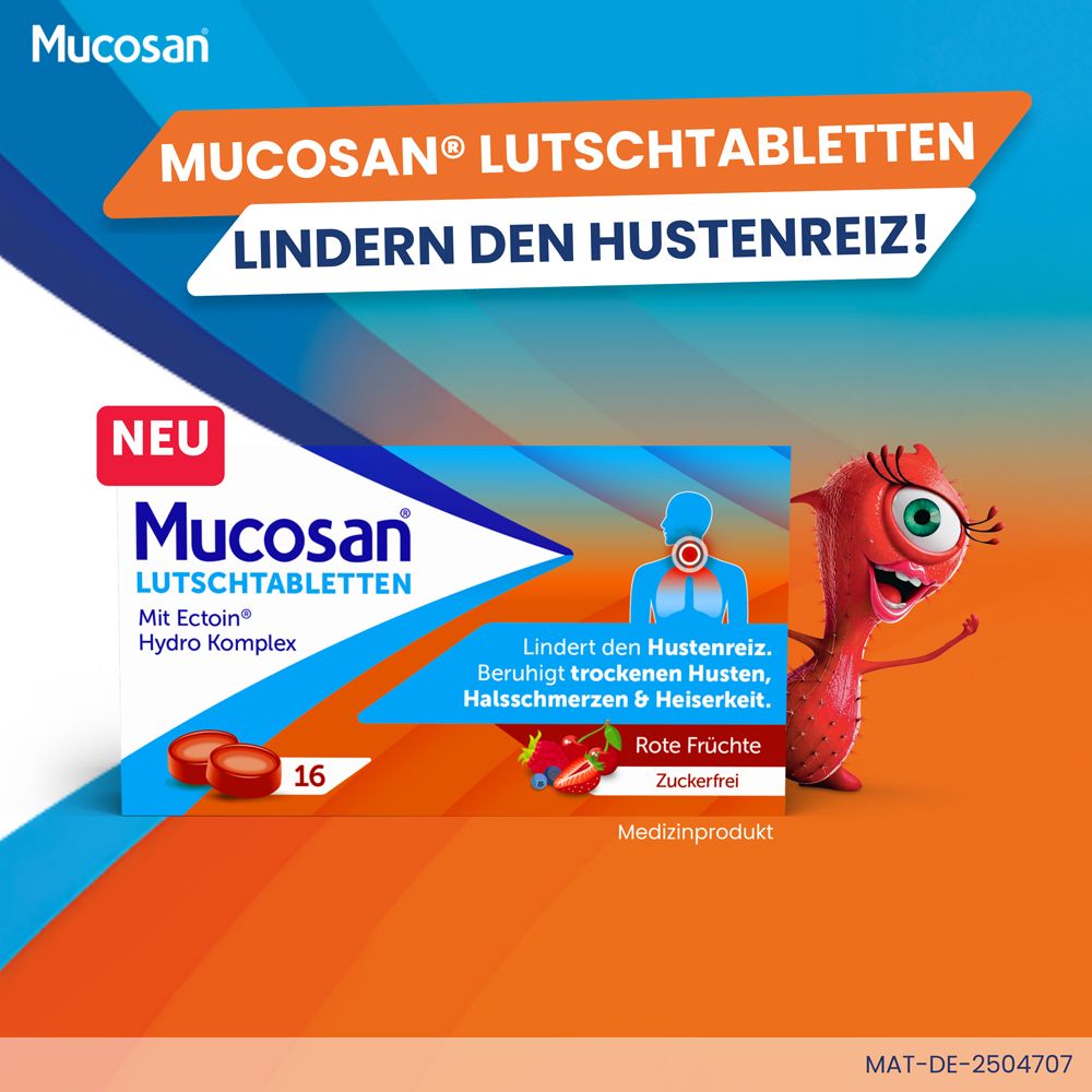 Werbung für Mucosan Lutschtabletten. Packung, 16 Tabletten. Text: Lindert Hustenreiz. Mit roter Frucht.