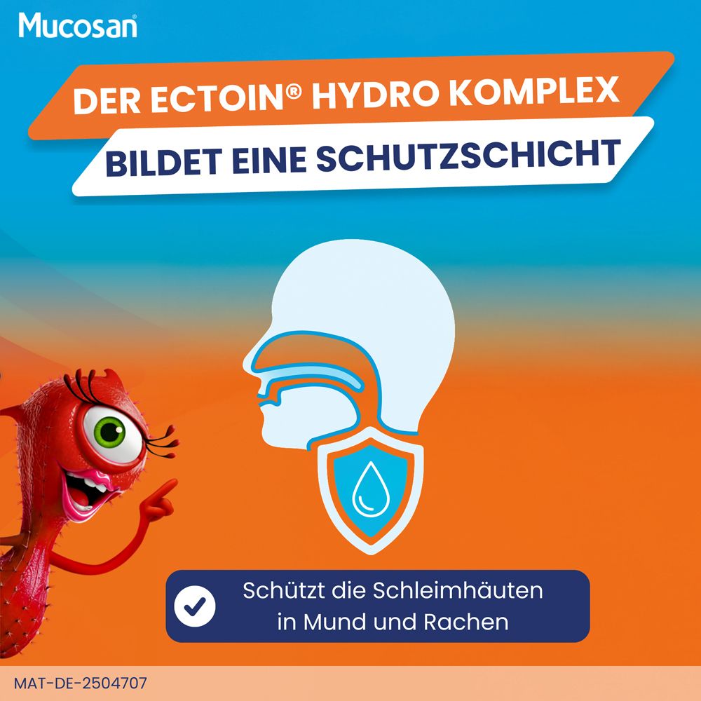 Grafik: Mund und Rachen. Text: Der Ectoin Hydro Komplex bildet eine Schutzschicht. Schützt die Schleimhäute.