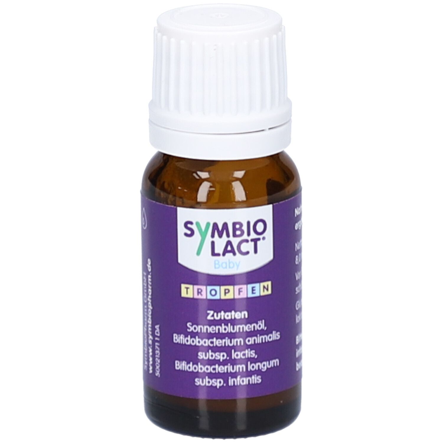 Braune Glasflasche mit weißem Deckel. Lila Etikett mit Produktnamen und Inhaltsstoffen. Tropfen.