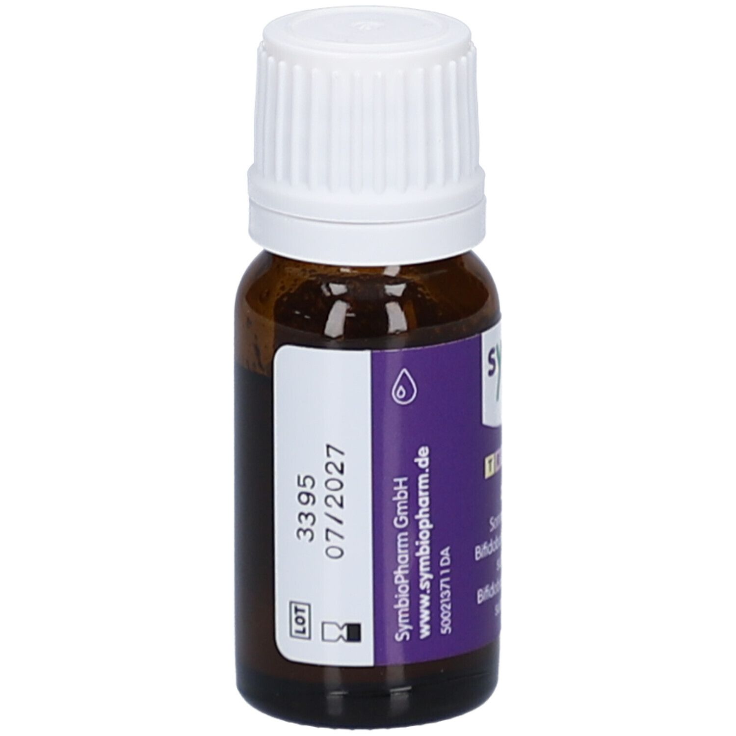 Braune Glasflasche mit weißem Deckel. Lila Etikett mit Chargennummer und Verfallsdatum. Tropfen.