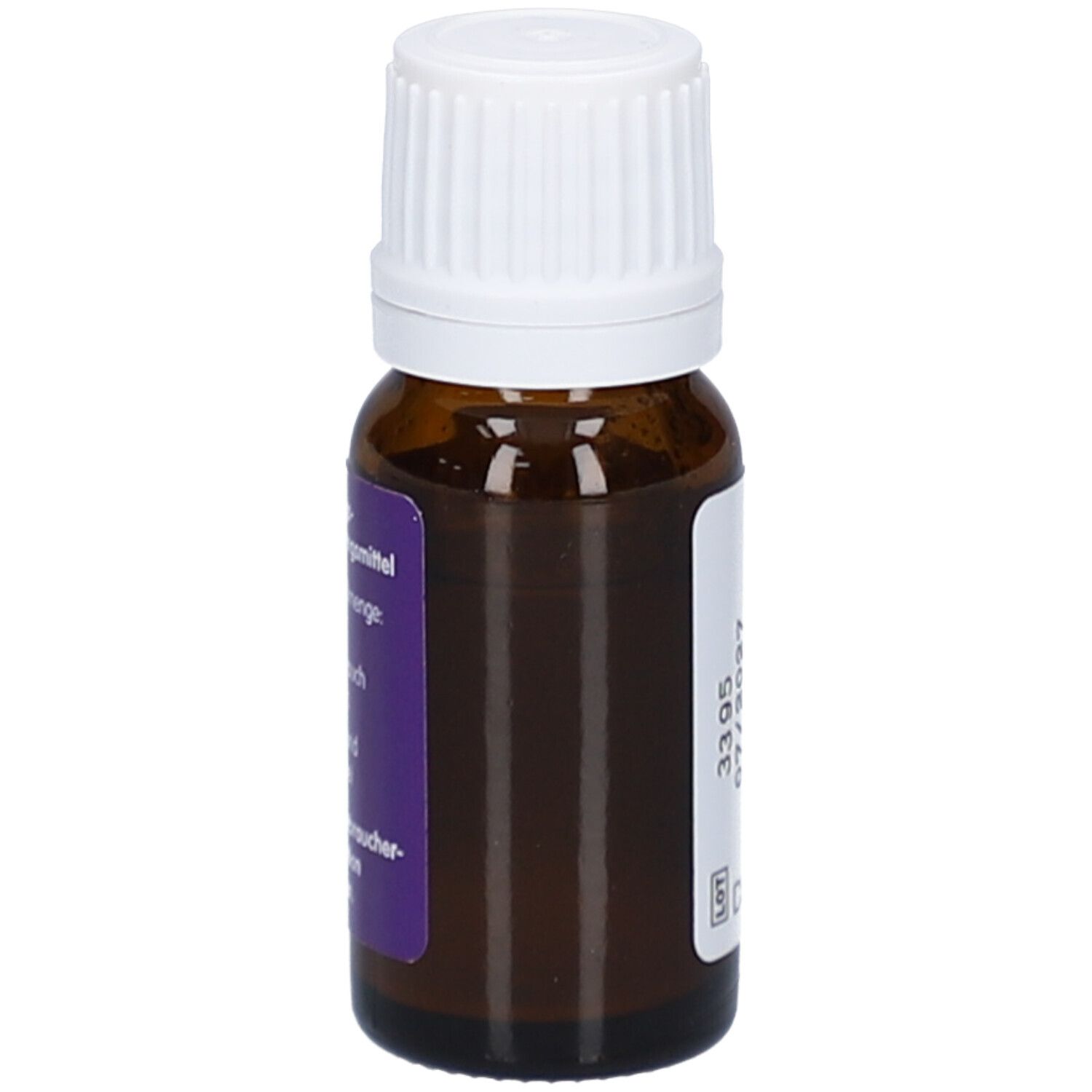 Braune Glasflasche mit weißem Deckel. Lila Etikett mit Produktinformationen. Tropfen.