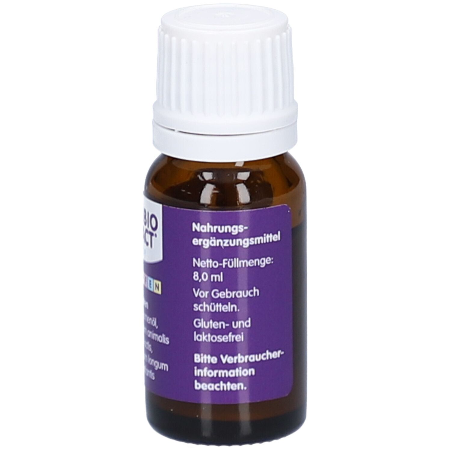 Braune Glasflasche mit weißem Deckel. Lila Etikett mit Produktinformationen und Netto-Füllmenge. Tropfen.