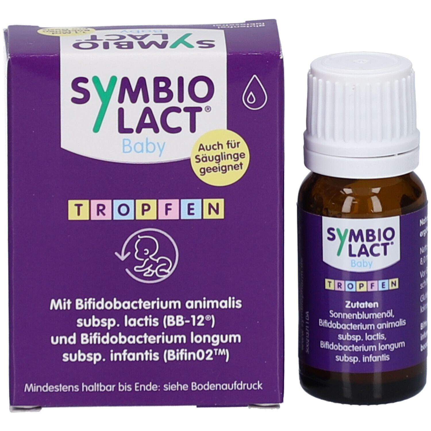 Produktverpackung und Flasche. Lila Schachtel und braune Flasche mit weißem Deckel. Tropfen.