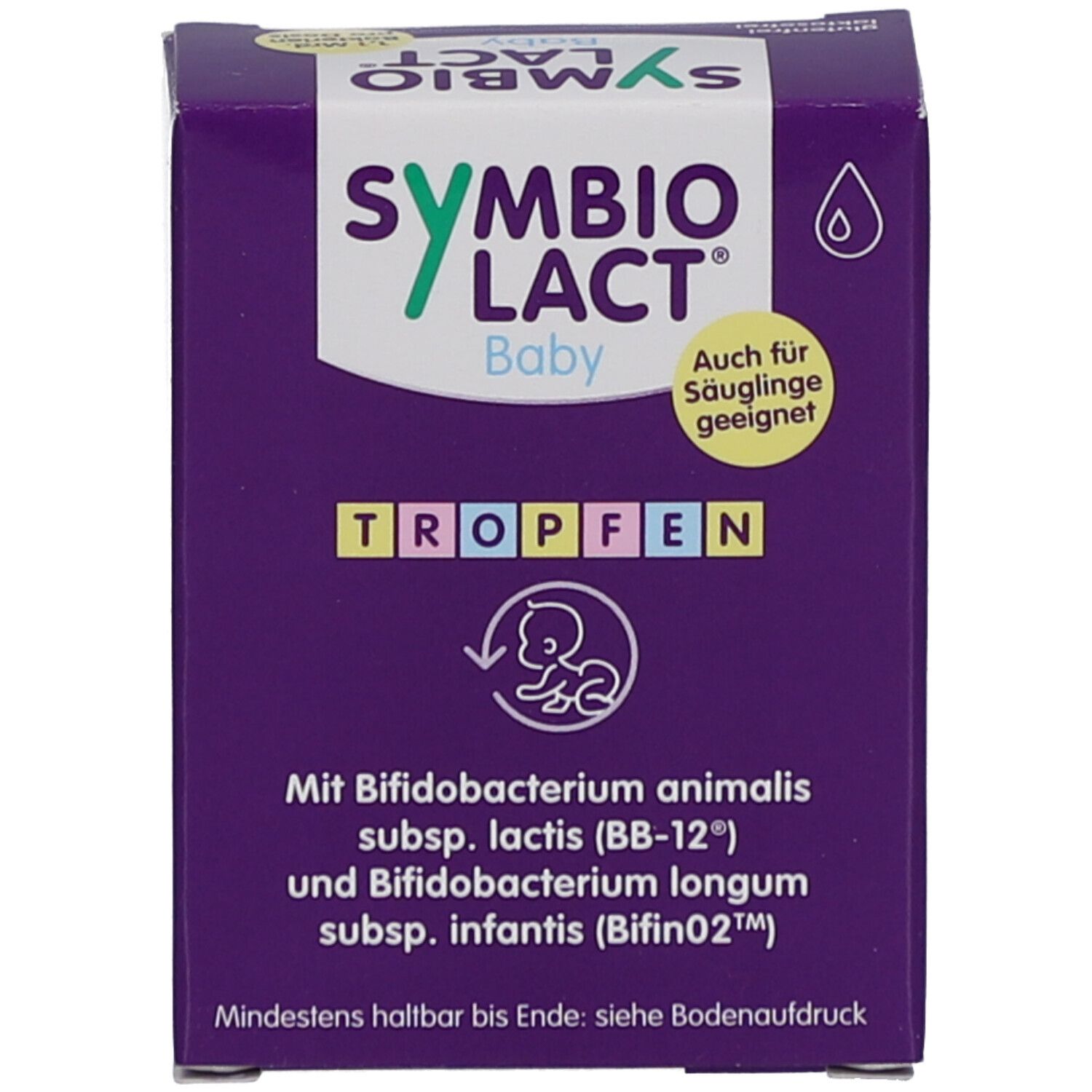 Produktverpackung. Lila Schachtel mit Produktnamen und Informationen. Tropfen.