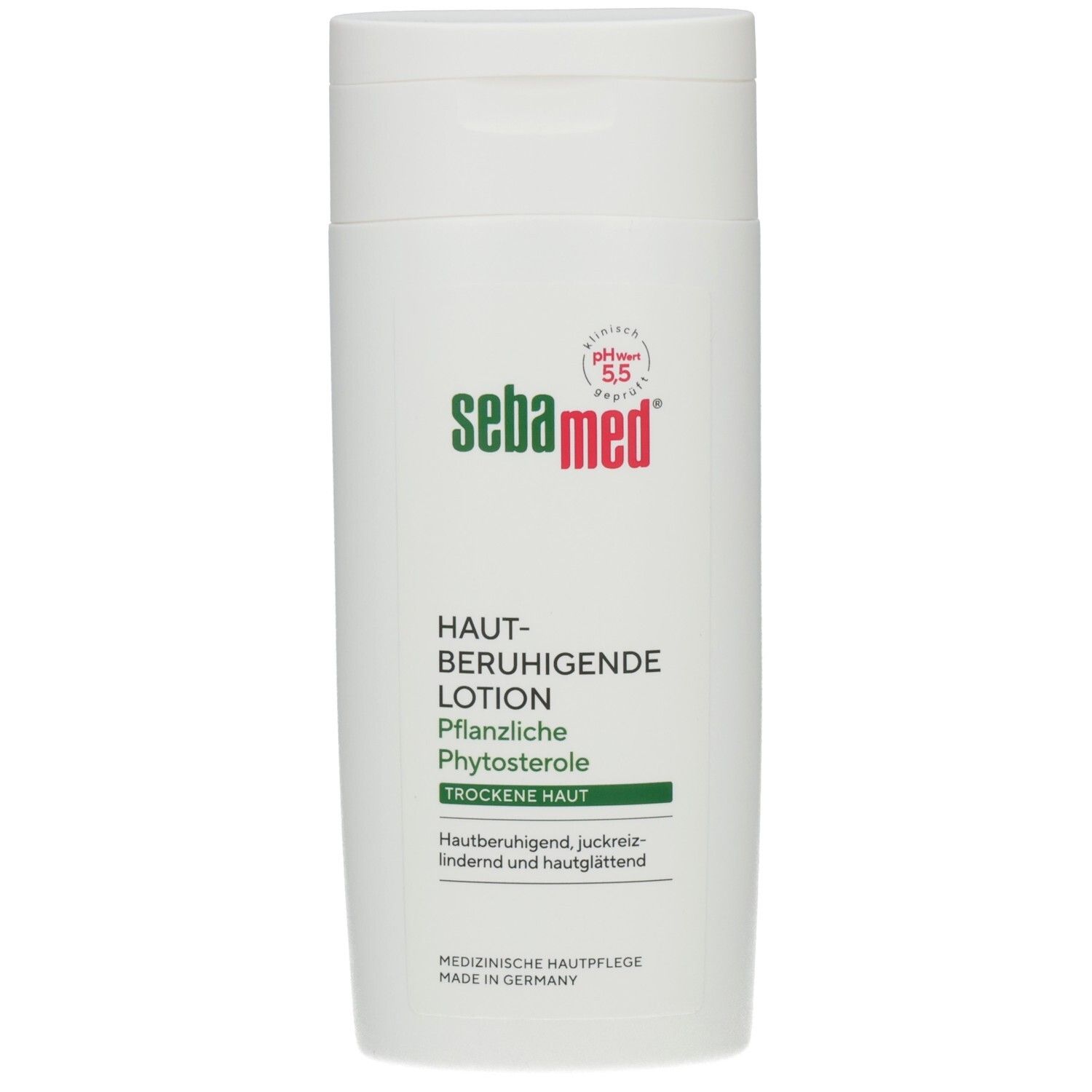 Weiße Flasche mit grünem Etikett. Aufschrift: sebamed, hautberuhigende Lotion. pH 5,5 Siegel.