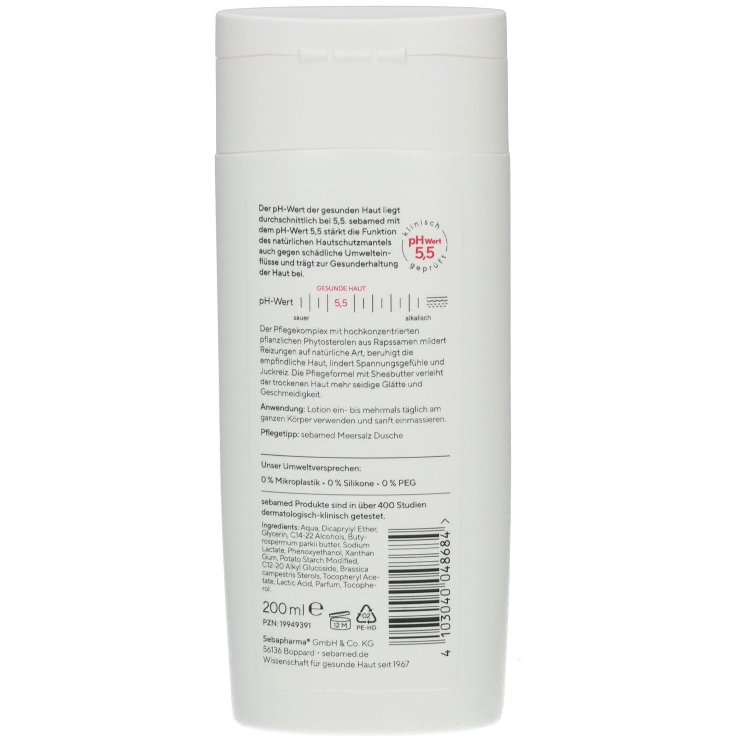 Rückseite der weißen Flasche. Textinformationen und pH 5,5 Siegel. Inhaltsangaben und Herstellerinformationen.