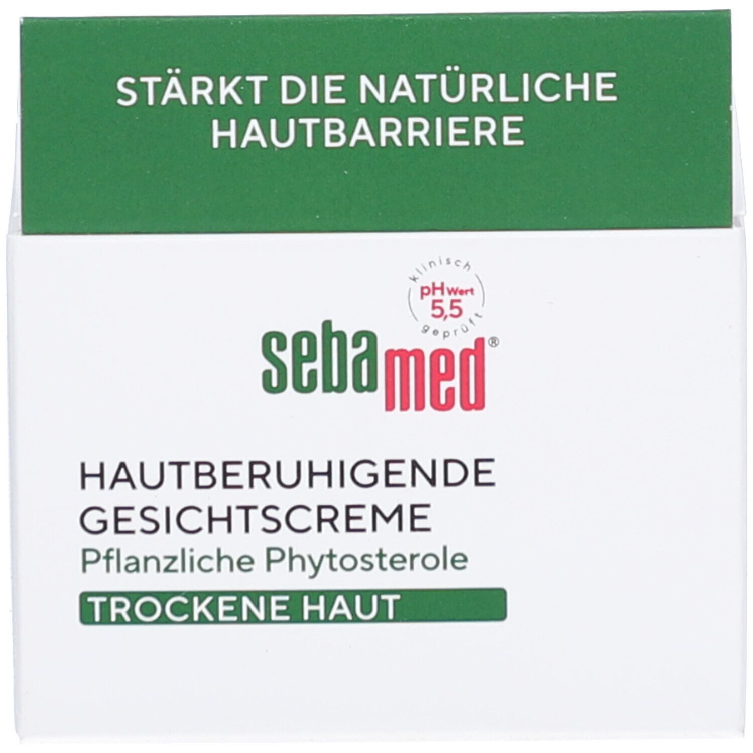 Produktverpackung. Aufschrift: Hautberuhigende Gesichtscreme, pH 5.5. Marke: sebamed.