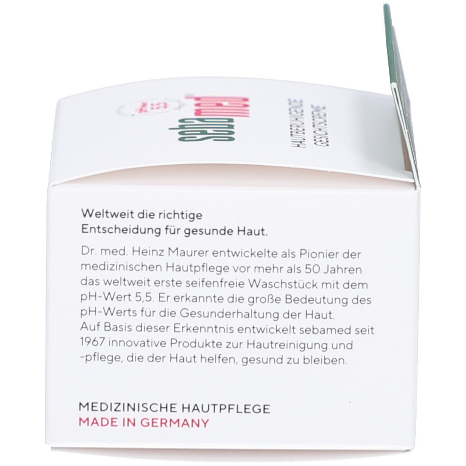 Produktverpackung, Rückseite. Text über medizinische Hautpflege. Marke: sebamed.