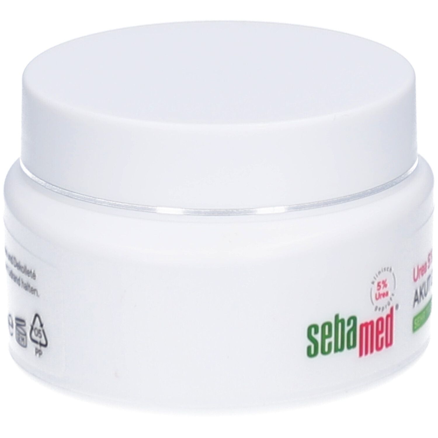 Weiße Creme-Dose mit Deckel. Aufschrift: sebamed. Grün-weiße Beschriftung. 5% Urea. Akut Gesichtscreme.