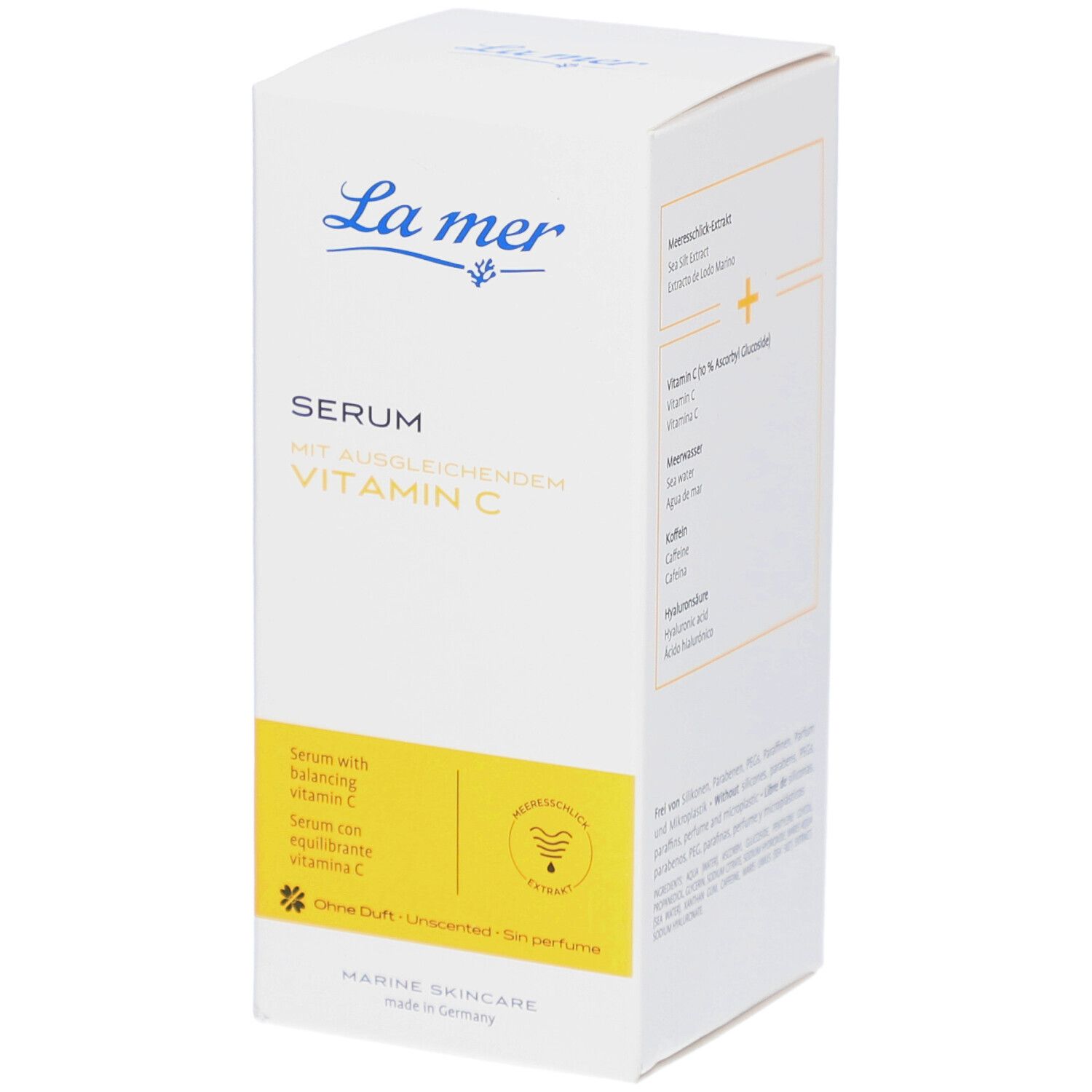 Weiße Verpackung mit La mer-Logo und Produktbezeichnung: Serum mit ausgleichendem Vitamin C. Gelber Akzent.