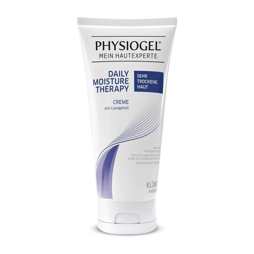 Weiße Tube mit PHYSIOGEL® Creme. Text: Daily Moisture Therapy, Creme, 14% Lipidgehalt. Blaue und weiße Gestaltung.