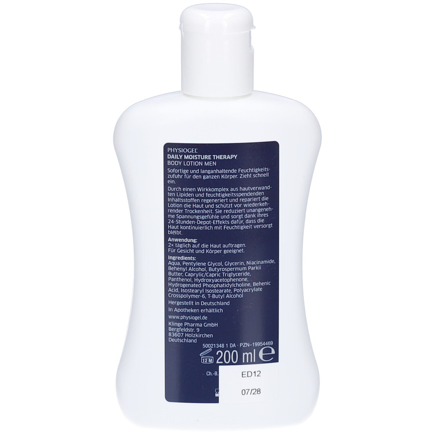 Rückseite der weißen Flasche PHYSIOGEL® Daily Moisture Therapy MEN Body Lotion. Textinformationen und Inhaltsstoffe.