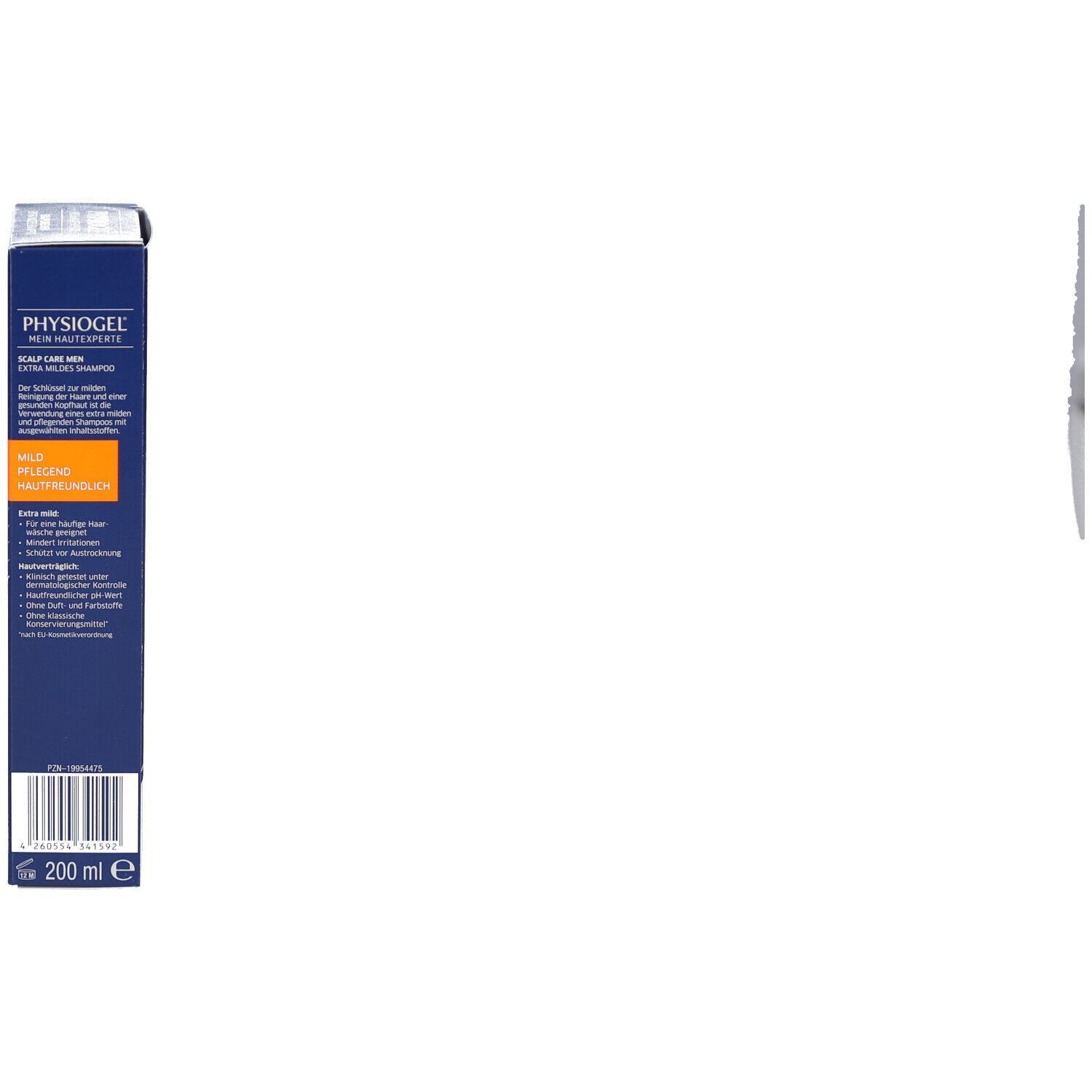 Blaue Verpackung, Seitenansicht. Text in deutscher Sprache. Aufschrift: PHYSIOGEL, SCALP CARE MEN, Extra Mildes Shampoo.