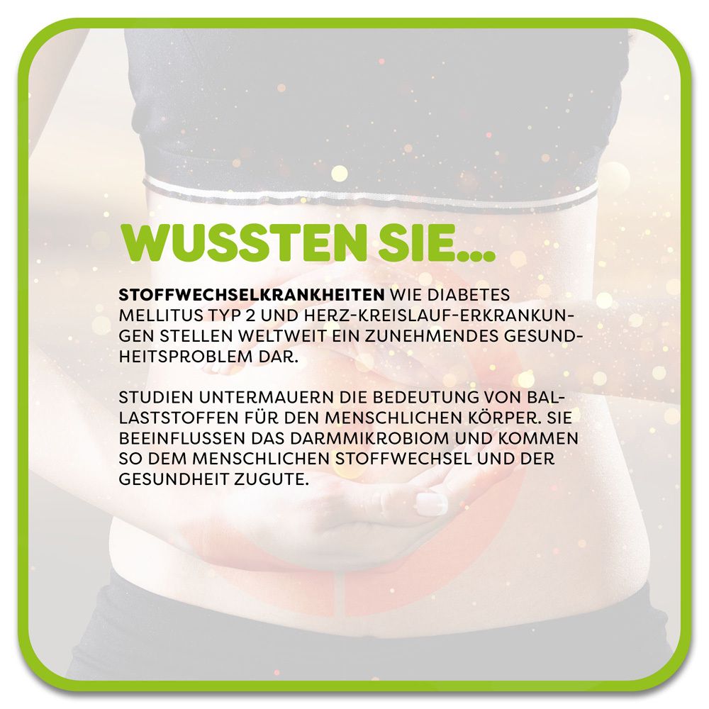 Grafik mit Text. Text: Stoffwechselkrankheiten, Diabetes, Herz-Kreislauf-Erkrankungen. Studien untermauern die Bedeutung von Ballaststoffen.