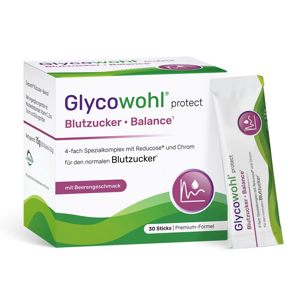 Schachtel mit GLYCOWOHL Blutzucker Balance Sticks. 30 Sticks. Grün-weiße Verpackung mit Produktinformationen.