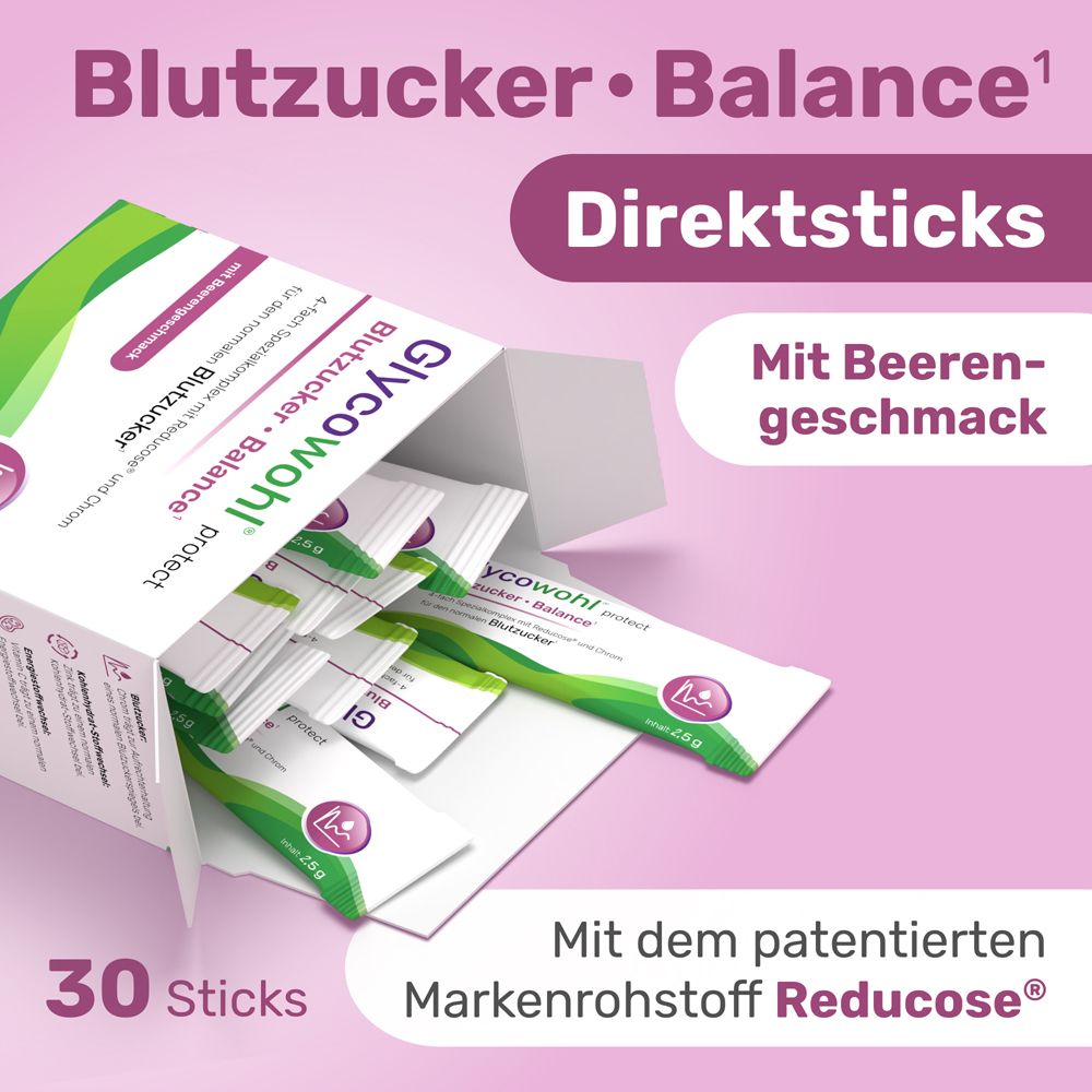 Geöffnete Schachtel mit GLYCOWOHL Blutzucker Balance Sticks. Einzelne Sticks sichtbar. Rosa Hintergrund.