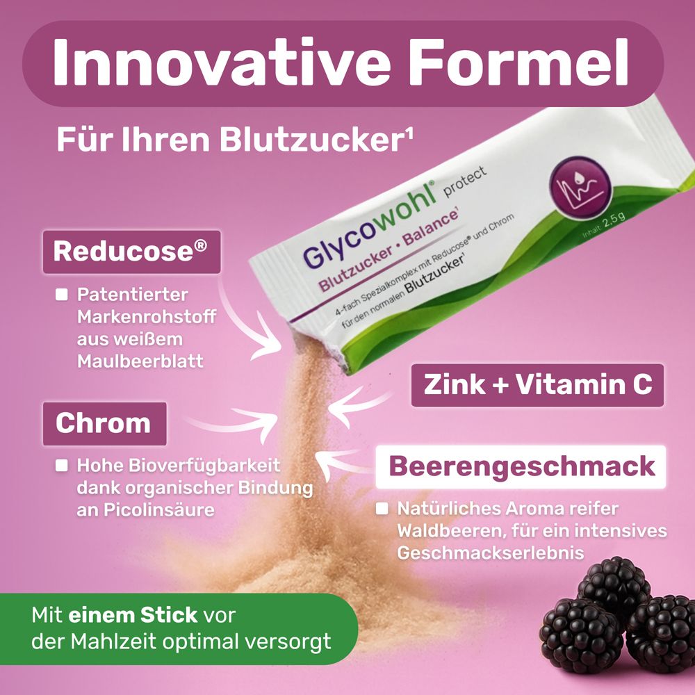 Produktinformationen zu GLYCOWOHL Blutzucker Balance Sticks. Inhaltsstoffe, Reducose, Chrom, Zink, Vitamin C.