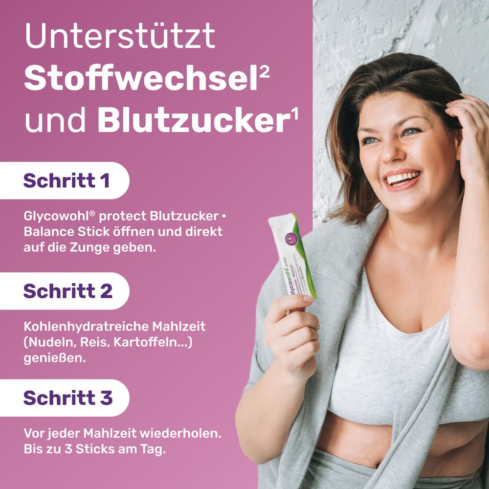 Frau hält Stick von GLYCOWOHL Blutzucker Balance. Schritt-für-Schritt-Anleitung. Lila Hintergrund.