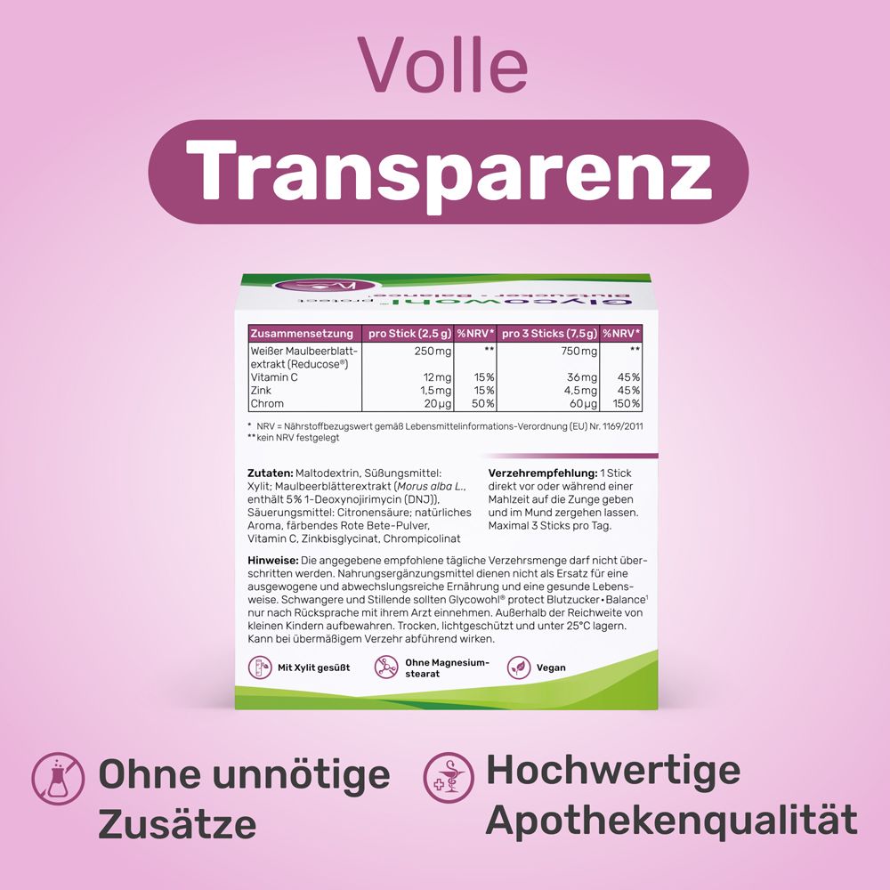 Nährwerttabelle von GLYCOWOHL Blutzucker Balance Sticks. Inhaltsstoffe, Dosierung, Hinweise. Lila Hintergrund.
