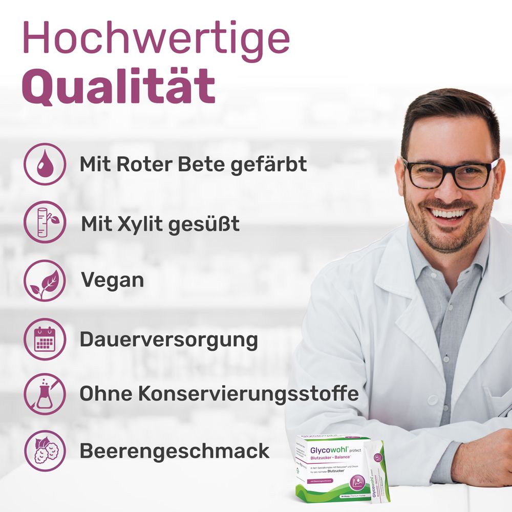 Arzt mit GLYCOWOHL Blutzucker Balance Sticks. Produktmerkmale: vegan, Apothekenqualität, Beeren-Geschmack.